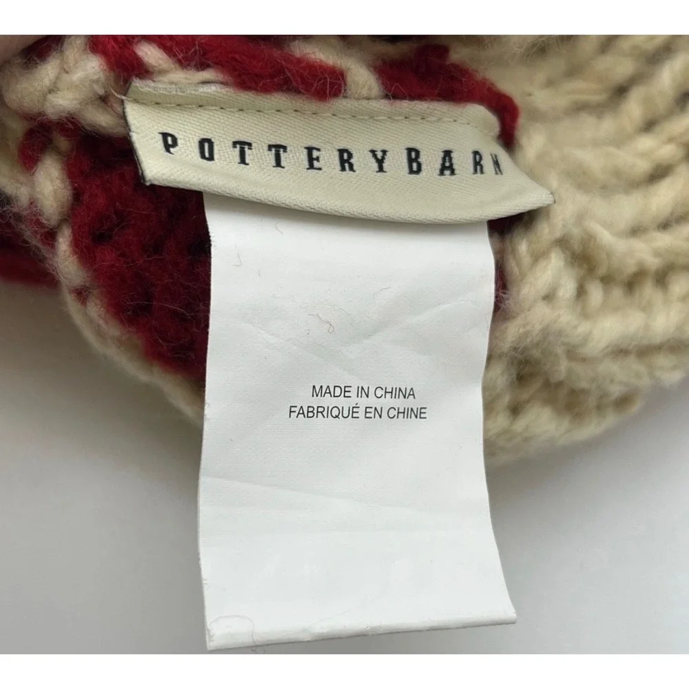 POTTERY BARN Christmas Stocking Red Ivory Chunky Knit‎ Snowflake Bells Holiday